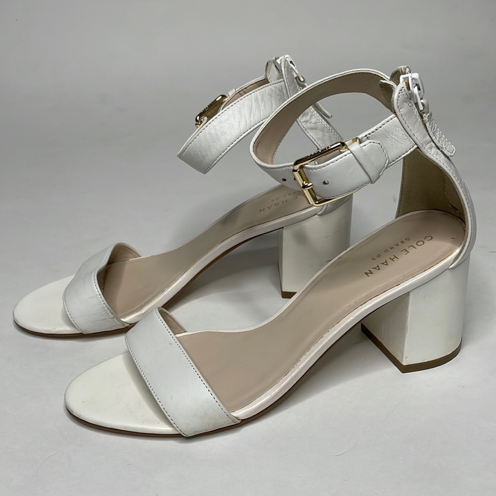 Cole Haan White Leather Ankle Strap Block Heel Sandals